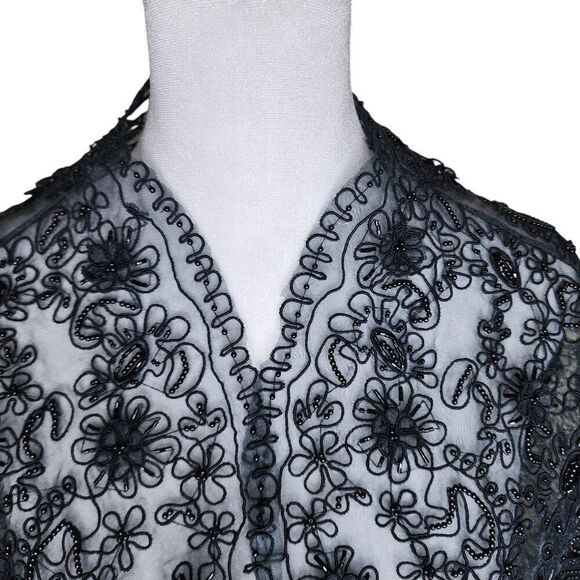 Vintage 90s Sheer Beaded Bolero Shrug Womens 2XL Black Lace - Picture 2 of 5